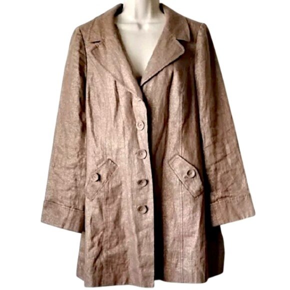 Halogen Metallic Linen Swing Pea Coat LP L Petite NO BELT Tan Gold Lined - Picture 1 of 13